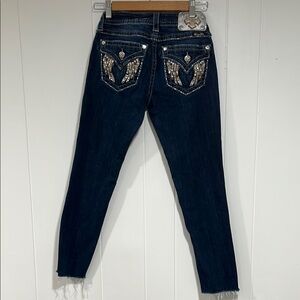 Miss Me Blue Skinny Jeans with Decorative Stitching Sz 26 Flap pockets wings
